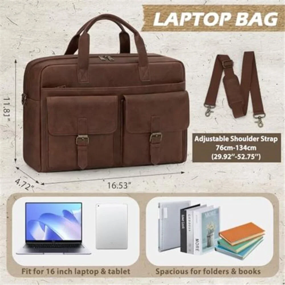 Men's Messenger Bag 16 Inch Leather Laptop Bag Briefcase Vintage Satchel Bag